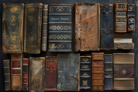 A collection of old books with titles like "The History of the World" and "The Art of War"の素材