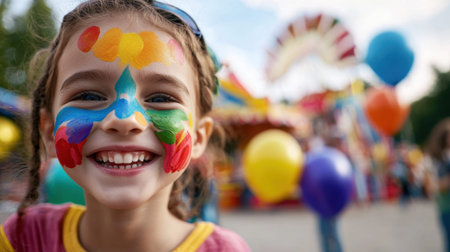 A young girl with colorful face paint is smiling and surrounded by balloons. The balloons are in various colors, including yellow, blue, and red. The scene appears to be a fun and festive eventの素材