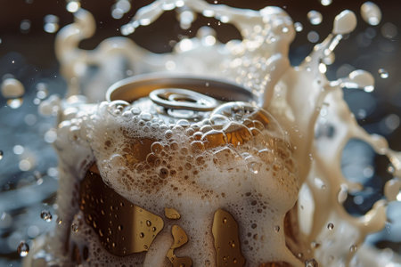 A can of beer is poured into a glass, creating foam and bubbles. The foam is white and the beer is brown. Concept of fun and enjoyment, as the foam and bubbles suggest a playfulの素材