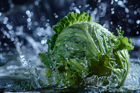 A head of cabbage is floating in a stream of water. The water is splashing around the cabbage, creating a sense of movement and energy. The scene is lively and dynamicの素材