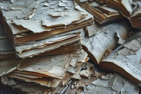 A stack of old, torn books with pages missing. The books are in various stages of disrepair, with some pages ripped out and others covered in dirt and grime. Scene is one of decay and neglectの素材