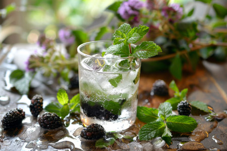 A glass of water with a few blackberries and mint leaves on top. The image has a fresh and healthy vibeの素材
