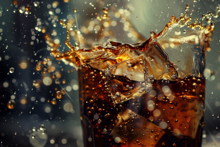 A glass of soda with ice cubes in it is splashing out of the glass. Concept of fun and excitement, as if the soda is being poured out of the glass with great enthusiasmの素材