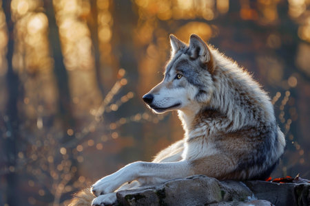 A wolf is laying on a rock in the woods. The sun is setting, casting a warm glow on the scene. The wolf appears to be relaxed and content, enjoying the peaceful momentの素材