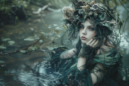 A woman in a green dress with a flower headdress is sitting in a body of water. The water is murky and the woman is looking at the camera. Scene is mysterious and eerieの素材
