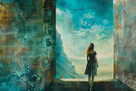 A woman stands in front of a large wall with a blue sky in the background. The woman is wearing a black dress and she is looking out of a window. Scene is serene and contemplativeの素材