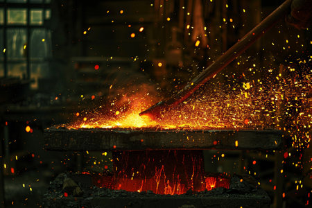 A blacksmith's forge is lit with a bright orange flame. Sparks fly from the metal as the blacksmith hammers it. The scene is intense and dramatic, with the blacksmith working hard to shape the metalの素材
