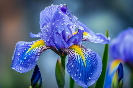A beautiful blue and yellow flower with a purple center. The flower is surrounded by a blurry backgroundの素材
