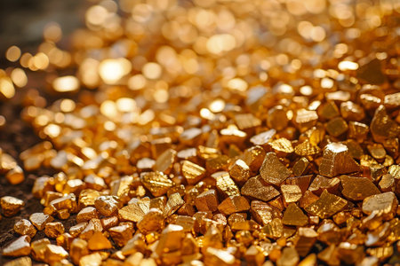 A pile of gold rocks on a wooden surface. The gold rocks are shiny and have a metallic sheen. The pile is scattered and uneven, giving the impression of a natural formationの素材