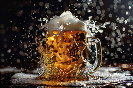 A glass of beer with foam on top is splashing water all over the table. Concept of fun and excitement, as if someone is enjoying a cold drink on a hot dayの素材