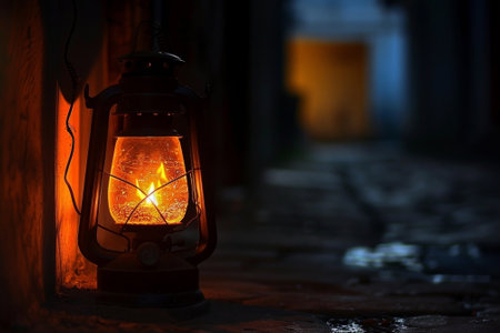 A lantern is lit in a dark alleywayの素材