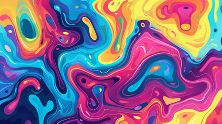 A colorful abstract painting with a lot of swirls and splatters. The colors are bright and vibrant, creating a sense of energy and movement. The painting seems to be inspired by the chaosの素材