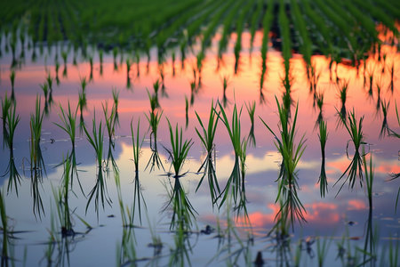 A field of rice plants with a beautiful sunset in the background. The water is calm and the plants are reflected in itの素材
