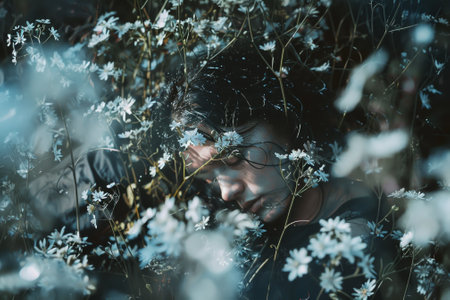 A woman is surrounded by flowers and appears to be in a state of deep thought. Concept of introspection and contemplationの素材