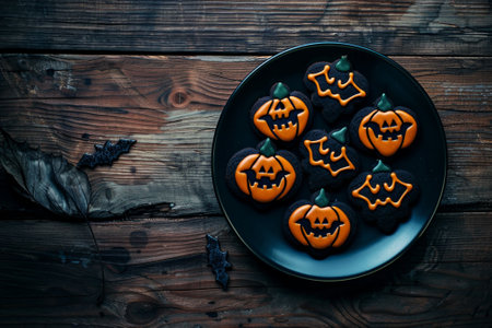 A plate of Halloween cookies with pumpkin faces on them. The plate is on a wooden table. The cookies are arranged in a circle, with some of them closer to the edge of the plateの素材