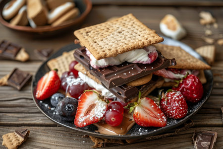 A plate of food with strawberries, chocolate, and marshmallows. The plate is on a wooden tableの素材