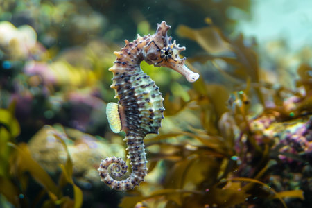 A small sea creature with a long tail and a pointed snout is swimming in the ocean. The creature is surrounded by green seaweed and is the only one in the imageの素材