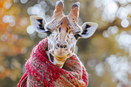A giraffe is wearing a red scarf and smiling. The image has a warm and playful moodの素材