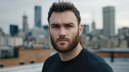 A man with a beard and a black shirt is standing on a rooftop in a city. He looks serious and is staring at the cameraの素材