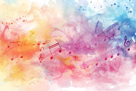 A colorful watercolor painting of musical notes and a melody. The painting is full of vibrant colors and has a lively, energetic feel to itの素材