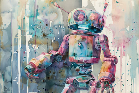A robot is sitting on a rock with a clock on its head. The robot is colorful and has a unique design. The painting has a playful and whimsical mood, with the robot being the main focus of the artworkの素材