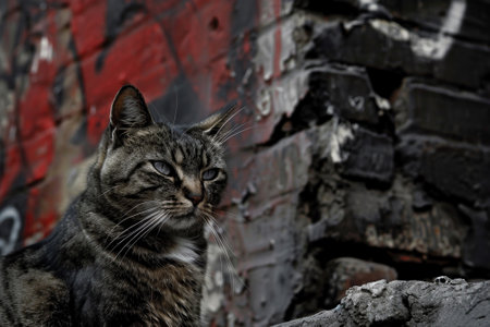 A cat is sitting on a brick wall. The cat is looking at the camera. The wall is covered in graffitiの素材