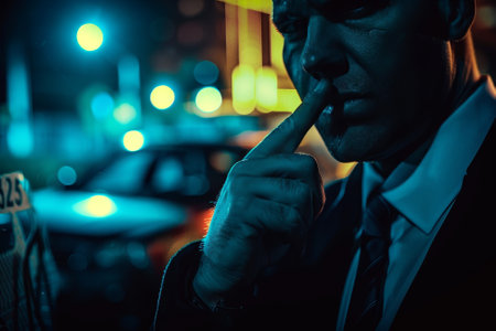 A man is standing in the dark with his hand over his mouth. He is wearing a suit and tieの素材