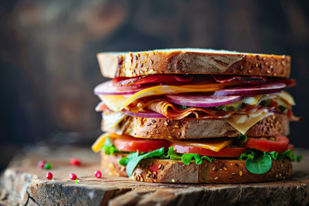 A sandwich with ham, cheese, and tomatoes is piled on top of another sandwichの素材