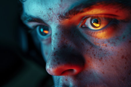 A man with blue eyes is looking at the camera. The image has a moody and intense feel to it, as if the man is deep in thought or contemplationの素材