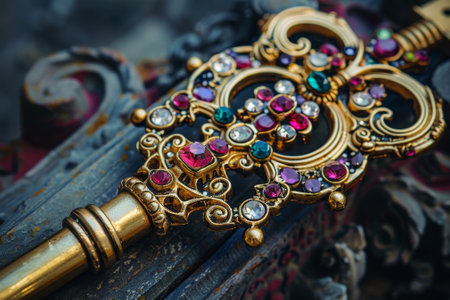 A gold key with a flower design and a variety of colored gems. The key is placed on a wooden surfaceの素材