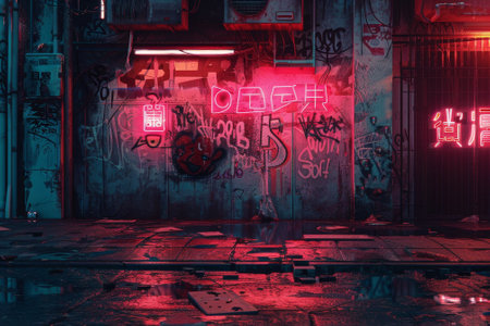 A neon sign with Chinese characters on it is lit up in a city alley. The sign is surrounded by graffiti and the alley is wet from rain. Scene is dark and urban, with a sense of decay and abandonmentの素材