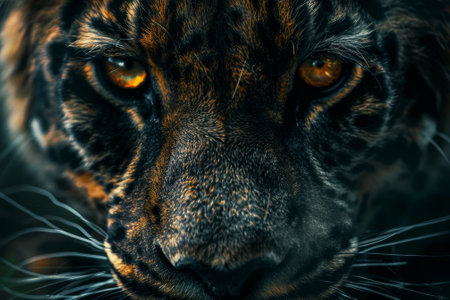 A tiger's face is shown in a close up, with its eyes open and staring at the camera. The tiger's fur is black and brown, and its nose is black. Concept of intensity and focusの素材