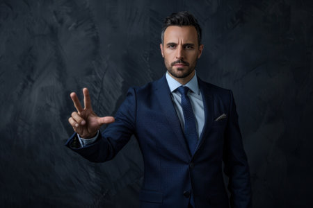 A man in a suit and tie is holding up his hand to signal a stop. Concept of authority and professionalism, as the man is dressed in a business suit and tieの素材