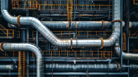 A large pipe with a valve on it. The valve is black and has a silver cap. The pipe is surrounded by other pipesの素材