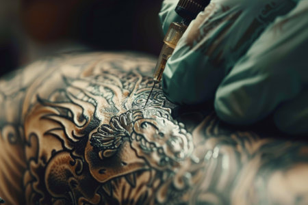 Tattoo artist drawing a dragon on a man's back. The tattoo artist is wearing gloves and using a tattoo gun to create the designの素材