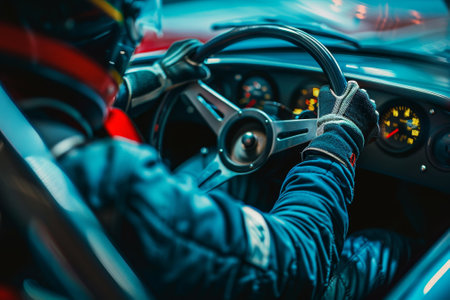 A man is driving a car with a steering wheel. He is wearing a black jacket and glovesの素材