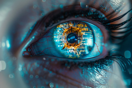A close up of a person's eye with a city reflected in it. The eye is surrounded by a blurry, pixelated background, giving the impression of a futuristic, digital worldの素材