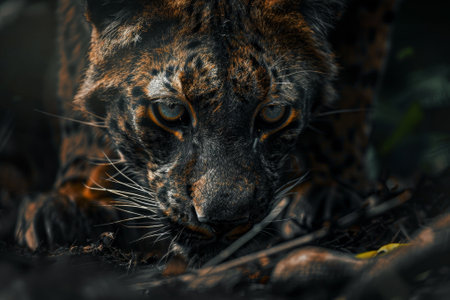 A tiger is shown in a dark forest, with its eyes closed and its mouth open. The tiger appears to be in a relaxed state, possibly resting or preparing to huntの素材