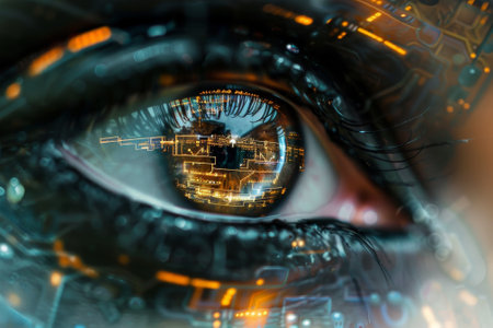 A close up of a person's eye with a city reflected in it. The eye is surrounded by a blurry, pixelated background, giving the impression of a futuristic, digital worldの素材