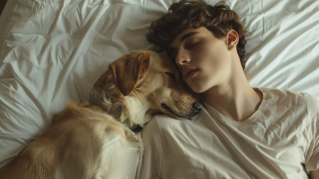 A man is sleeping with a dog on his bed. The dog is laying on the man's chestの素材