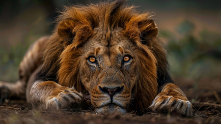 A lion is laying on the ground with its head down. The lion is brown and has a yellowish-orange eye. The lion is in a natural setting, surrounded by dirt and grassの素材