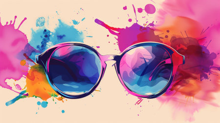 A colorful splash of paint with a pair of sunglasses in the middle. The sunglasses are in a variety of colors and the splash of paint is also in a variety of colors. Scene is vibrant and energeticの素材