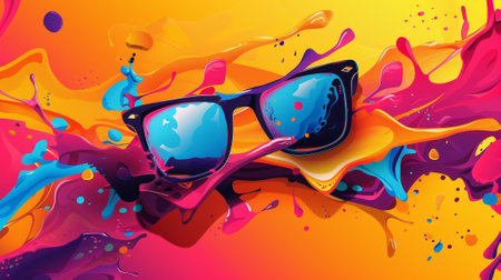A colorful splash of paint with a pair of sunglasses in the middle. The sunglasses are in a variety of colors and the splash of paint is also in a variety of colors. Scene is vibrant and energeticの素材