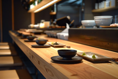 A wooden counter with a variety of plates and bowls on it. The counter is set up for a meal, with a variety of dishes and utensilsの素材