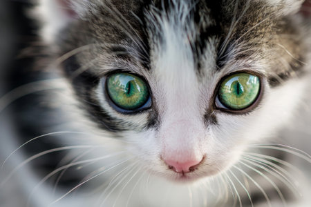 A kitten with green eyes is staring at the camera. The kitten's eyes are bright and captivating, drawing the viewer's attention. Concept of curiosity and funの素材