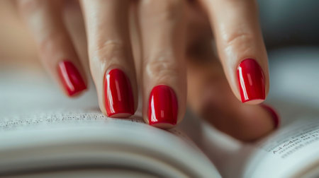 A woman's hand is resting on a book with red nails. The book is open to a page with a lot of textの素材