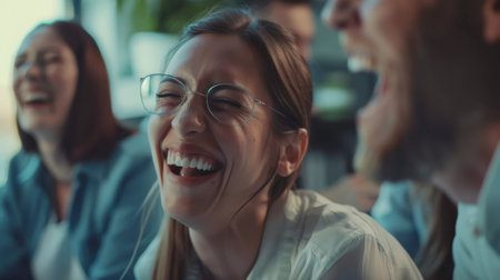 A woman with glasses is laughing with her friends. Scene is happy and lightheartedの素材