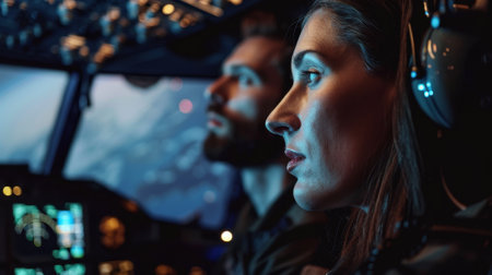 Two pilots are in the cockpit of an airplane, one of them is a woman. The woman is wearing headphones and looking at the controlsの素材