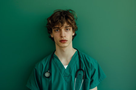 A young man in a green scrubs shirt and a stethoscope. He is looking at the cameraの素材