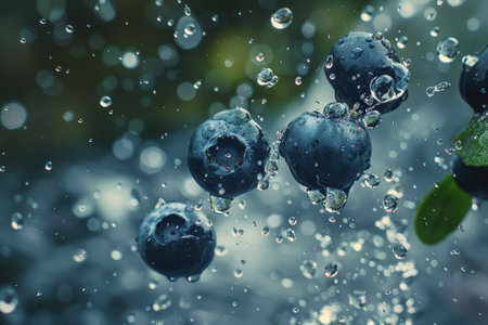 A close up of blueberries in a spray of water. The blueberries are surrounded by water droplets, creating a sense of movement and freshness. The image conveys a feeling of vitality and healthの素材